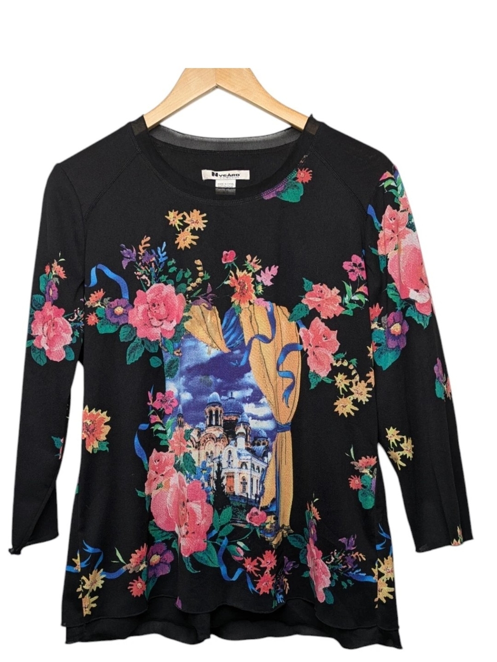 Black Floral Scenic Long Sleeve Top with Pink Roses Cathedral City Art To Wear